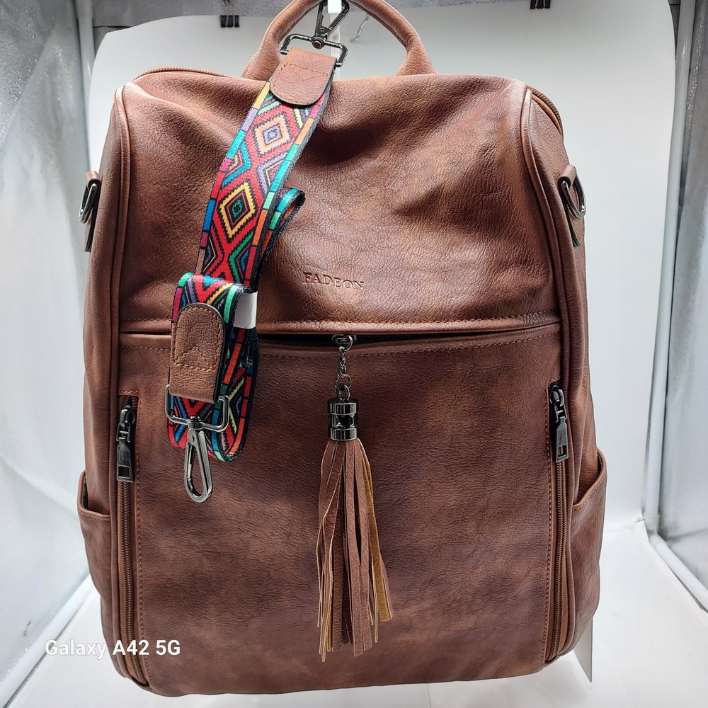 Fadeon Brown Faux Leather Backpack Purse Laptop Bag with Tassel and Boho Strap